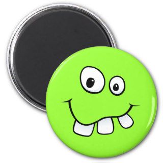 Funny goofy smiley face with big teeth, green fridge magnets