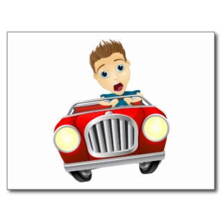 Cartoon man driving fast car post cards