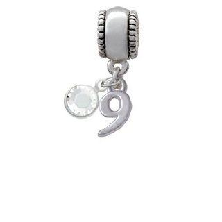 Small Silver Number   9   Charm Bead with Clear Crystal Dangle Delight Jewelry