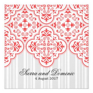 Coral Red Wedding Damask Border DIY Personalized Invite