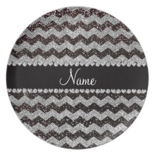 Personalized name black silver glitter chevrons dinner plate
