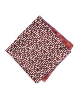 Flower/Dot Print Silk Pocket Square, Red