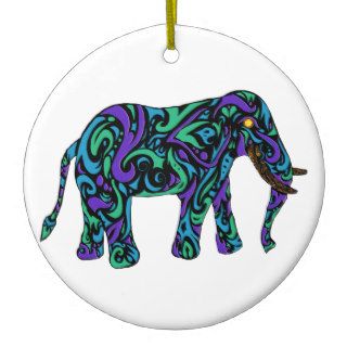 Tribal Tattoo Elephant in Purple Blue and Green Christmas Tree Ornaments