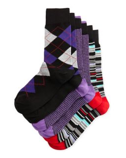 Three Pack Stretch Socks, Black/Purple/Red