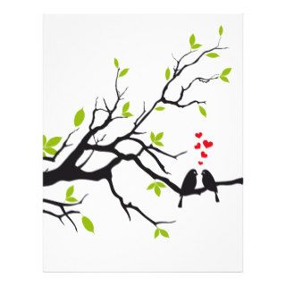 Birds in love with red hearts on spring tree letterhead template