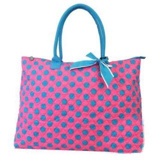 Large Quilted Polka Dot Satin Fabric Tall Shopper Tote w/ Ribbon Accents Pink Blue 
