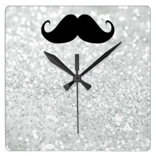 Funny Black Mustache And White Sparkle Bling Square Wall Clock