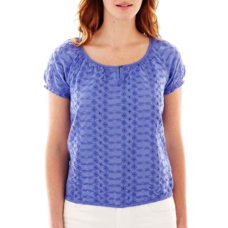 St. Johns Bay St. John s Bay Short Sleeve Embroidered Smocked Peasant Top, Blue