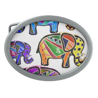 Cute whimsical tribal patterns colorful elephants oval belt buckles