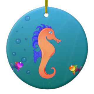 Kawaii Cute Cartoon Seahorse in Orange and Blue Christmas Ornament