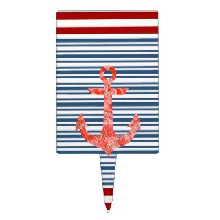 Vintage Blue Red Stripes  Red Nautical Anchor Cake Pick