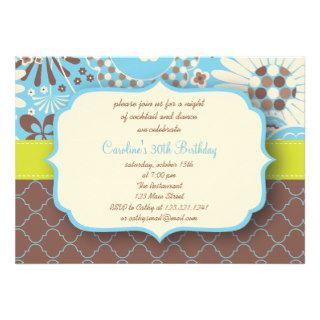 Modern Floral Blue & Brown Girly Birthday Party Custom Announcements