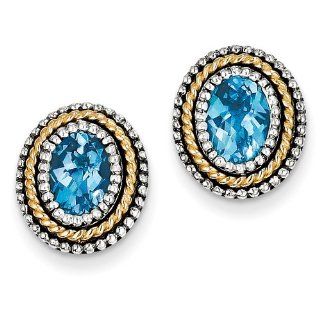 Antique Style Sterling Silver with 14k Yellow Gold Blue Topaz Earrings Jewelry