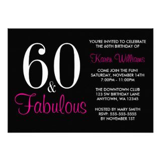 Fabulous 60th Black Pink Birthday Party Invitation