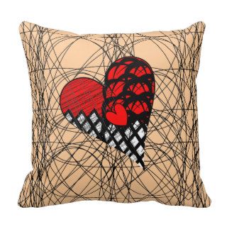Red Black Doodle Heart Scribble Pattern Throw Pillows