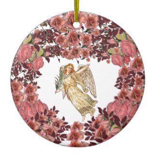 Angel With Pink Roses Heart Christmas Ornaments