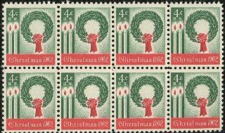 1962 VINTAGE CHRISTMAS ~ WREATH & CANDLES #1205 Block of 8x4 US Postage Stamps 