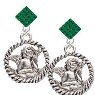Raphael Angel in Rope Wreath Green Emerald Crystal Diamond Shaped Lulu Post E Dangle Earrings Jewelry