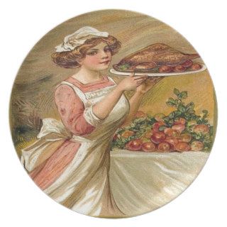 Vintage, Lady serving Thanksgiving Turkey Dinner Plates