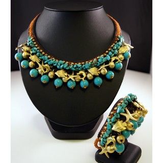 Handmade Turquoise and Brass Beads Necklace and Bracelet Set (Thailand) Jewelry Sets