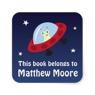 Space bookplate stickers with alien in spaceship