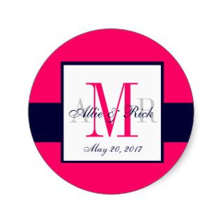 Pink Navy Blue Monogram Names Wedding Favor Sticker