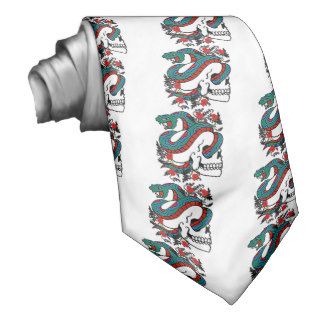 SKULL AND SNAKE WITH FLOWERS TATTOO PRINT NECK TIES