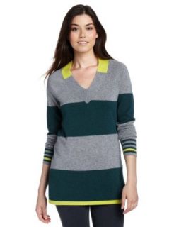 Design History Women's 100% Cashmere Block Stripe V Neck Tunic Sweater, Forest Hills Combo, Medium