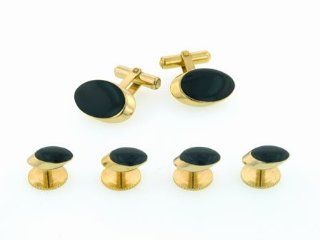 Elegant gold plated and black enamel elipse shaped cufflinks and shirt stud set with presentation box. Made in the USA. Jewelry