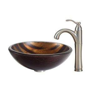 KRAUS Bastet Glass Vessel Sink in Multicolor and Riviera Faucet in Satin Nickel C GV 695 19mm 1005SN