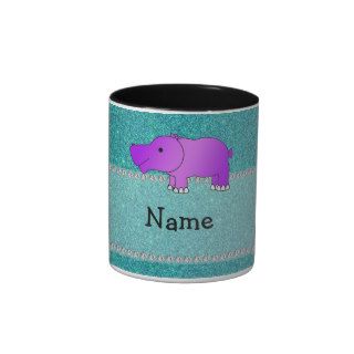 Personalized name hippo turquoise glitter coffee mugs
