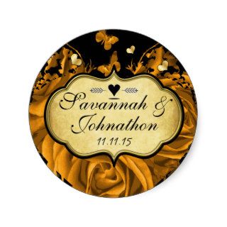 Gold Heart Roses & Butterflies Wedding Seal Round Sticker