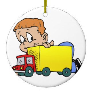 Boy playing with truck christmas tree ornaments