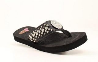 Justin Flip Flops 5514801 M 11 Micah Black Flat Round Concho Croco Strap Clear Crystals Shoes
