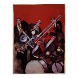 Vintage Music, Art Deco Musical Jazz Band Jamming Posters