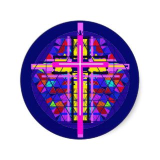 Vibrant Stained Glass Christian Cross. Round Stickers