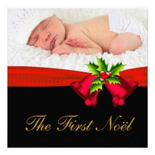 Red Black Gold Baby's First Christmas Photo Card Custom Invitation