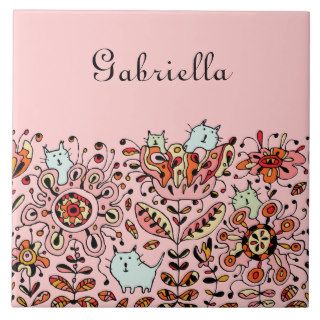 Friendly Flower Cats Pink Decorative Tile