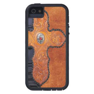 Western Cross on Brown & Black Leather Print iPhone 5 Covers