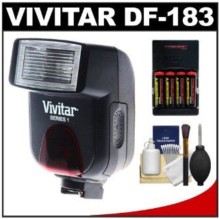 Vivitar Series 1 DF 183 Bounce Head AF Flash (for Canon EOS E TTL) with (4) AA Batteries + Charger + Cleaning Kit for EOS 7D, 5D, 60D, 50D, Rebel T3, T3i, T2i, T1i, XS Digital SLR Cameras  On Camera Shoe Mount Flashes  Camera & Photo