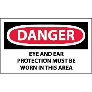 NMC D209AP OSHA Sign, Legend "DANGER   EYE AND EAR PROTECTION MUST BE WORN IN THIS AREA", 5" Length x 3" Height, Pressure Sensitive Vinyl, Black/Red on White (Pack of 5) Industrial Warning Signs
