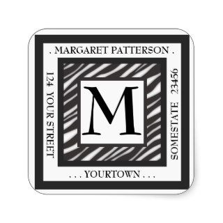 Black & White Zebra Monogram Square Address Label Sticker