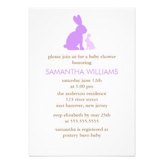 Lavender Mom and Baby Rabbit Baby Shower Custom Invitations