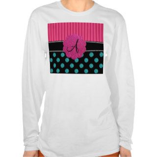 Monogram turquoise polka dots and pink stripes t shirt
