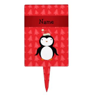 Personalized name penguin red christmas trees cake topper