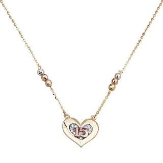 14K Yellow Gold Polished CZ Cubic Zirconia 15 Anos Heart Necklace with Spring ring Clasp   17" +1" Inches Extension Pendants Jewelry