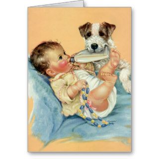 Vintage Cute Baby Boy with Bottle and Puppy Dog Cards