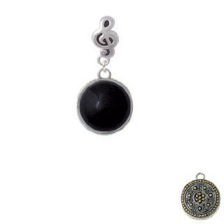 Two Tone Round   Black Onyx   Silver Music Clef Charm Bead Dangle Jewelry