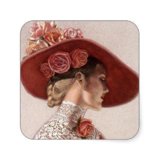 Elegant Victorian Lady Fine Art Vintage Rose Hat Square Stickers