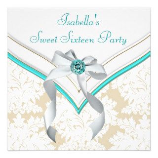 Teal Blue Damask Sweet 16 Party Invitation